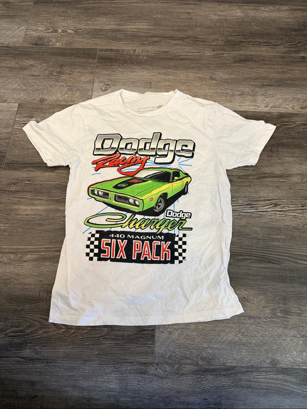 Dodge Racing Charger Graphic Tee in White with Lime Green Car